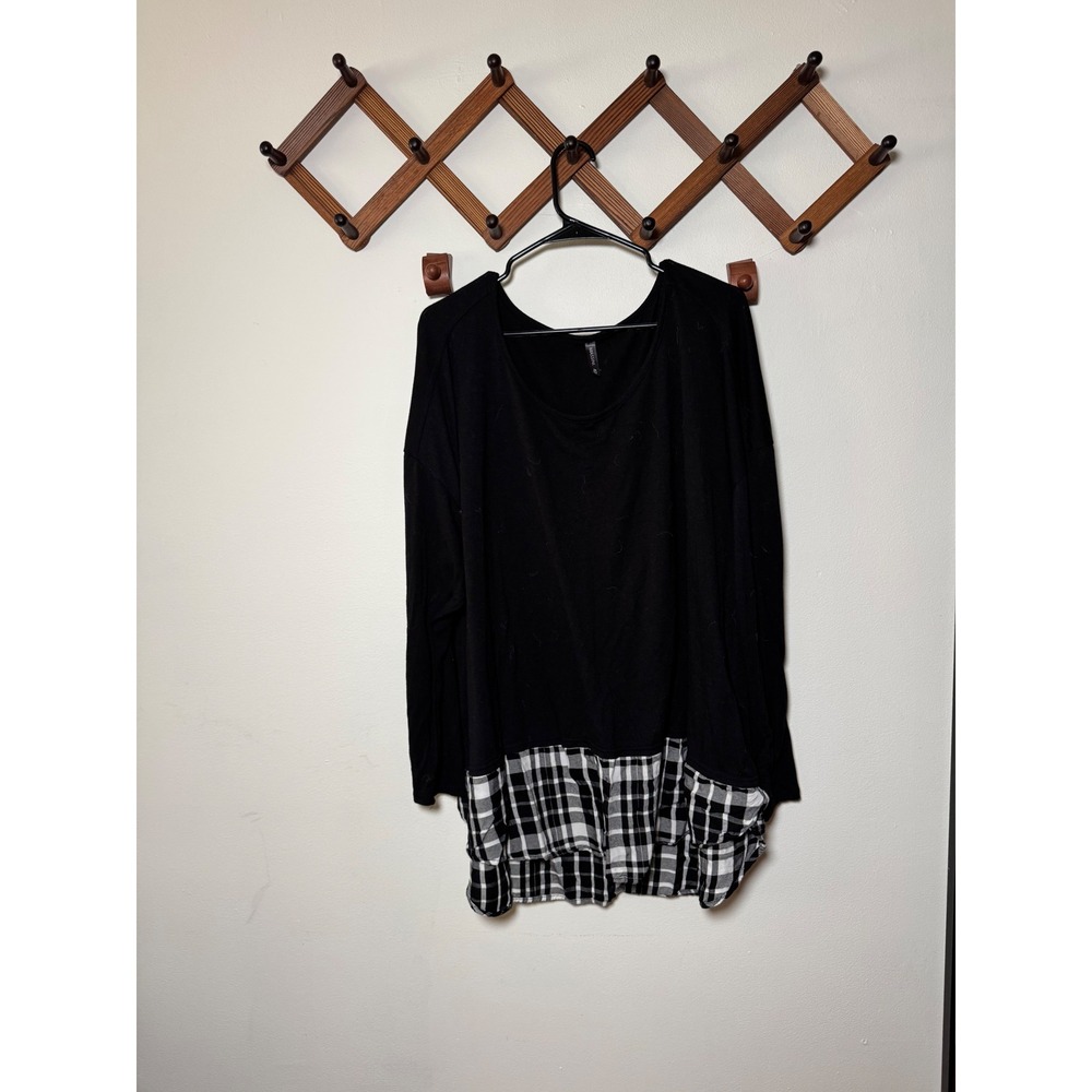 Massini Womens 3X Black Mixed Media Plaid Hem Tunic Long Sleeve Scoop Neck Top
